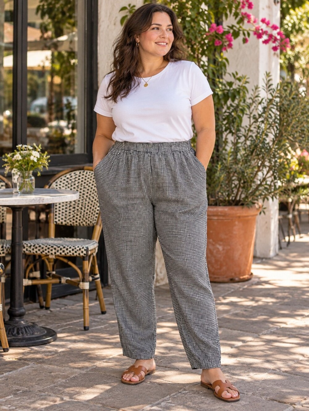 Quince Black & White Gingham 100% Linen Pull-On Pants Size XL